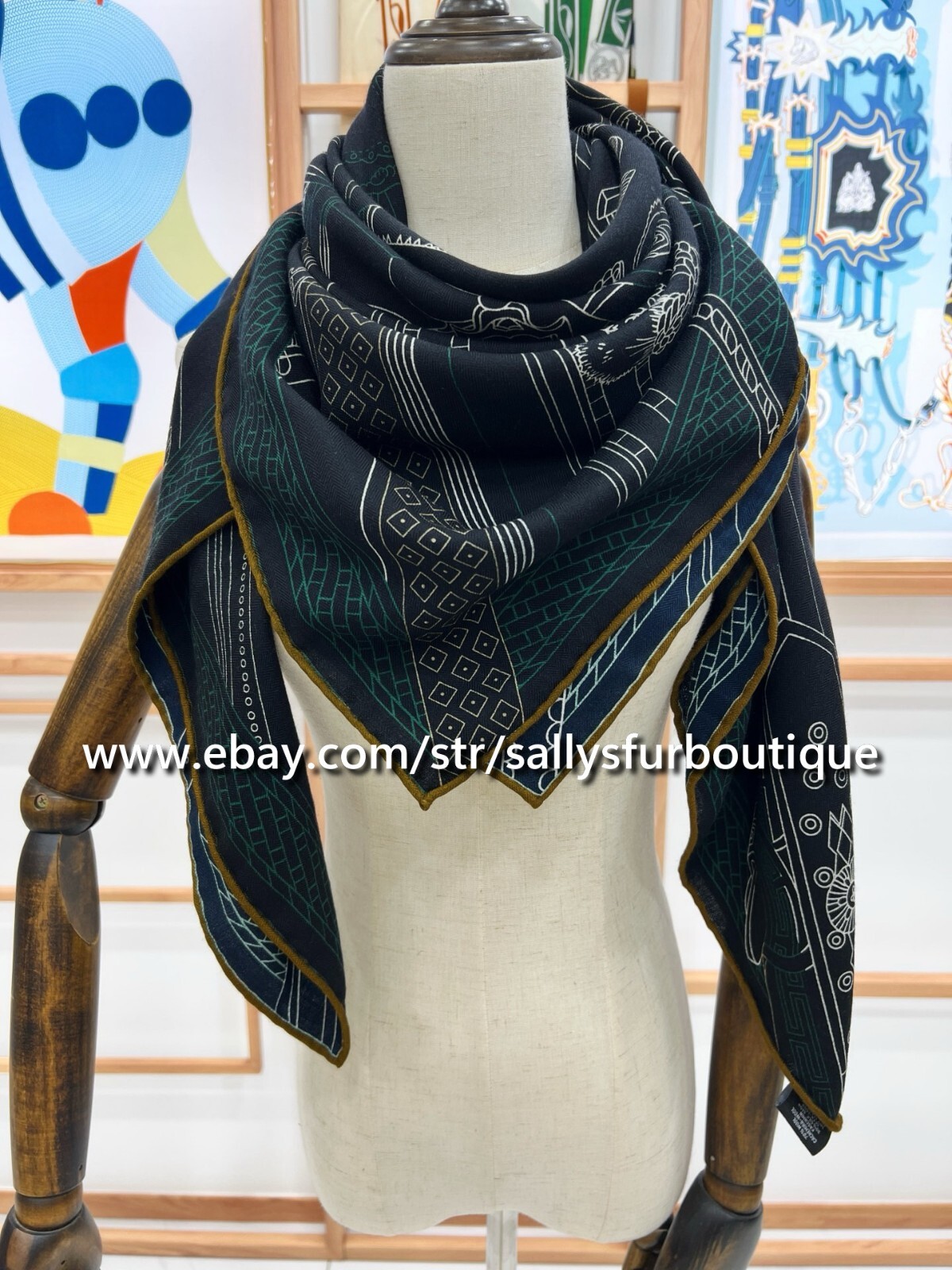 2025 Sally 75% Cashmere 25% silk Stole Saddle Chain Print 2 Face Scarf Shawl 53″