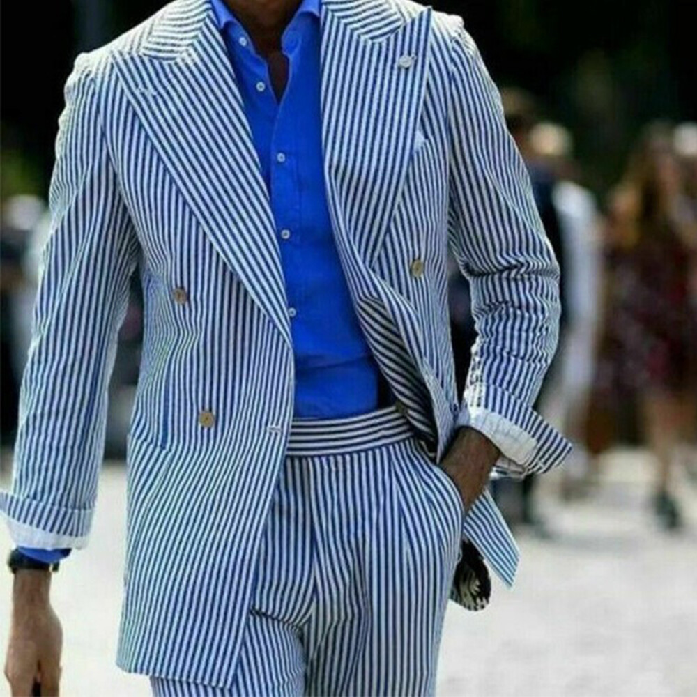Striped Seersucker Men’s Suits Double Breasted Formal Business Office Jacket Set
