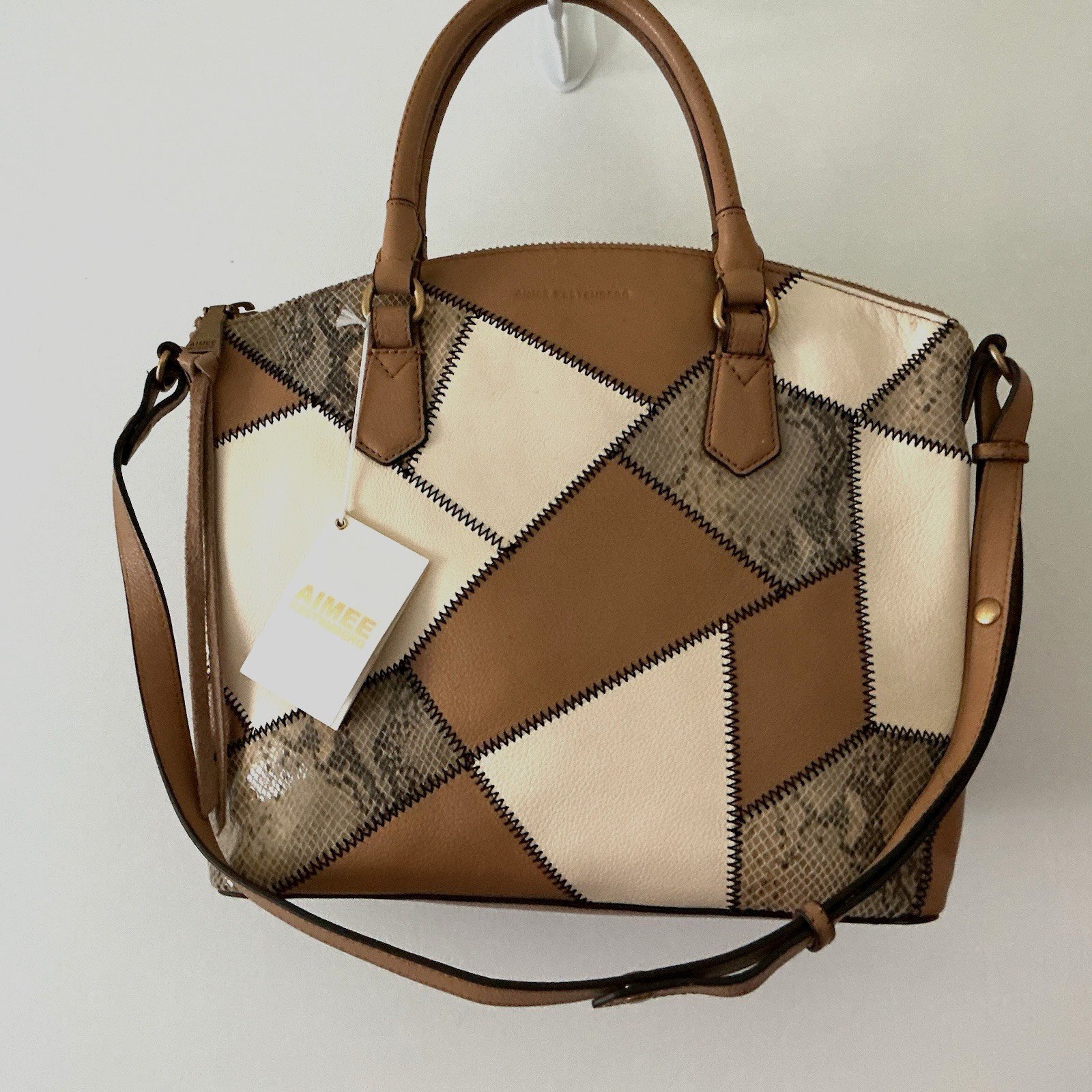 NWT Aimee Kestenberg Cream Tan Snake-Print Stitching Convertible Satchel MNF$248