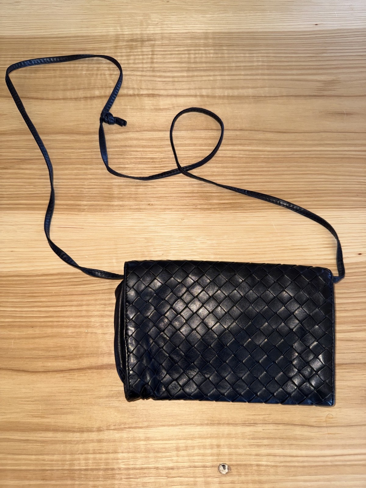 Vintage Bottega Veneta Intrecciato Black Leather Crossbody Bag Italy