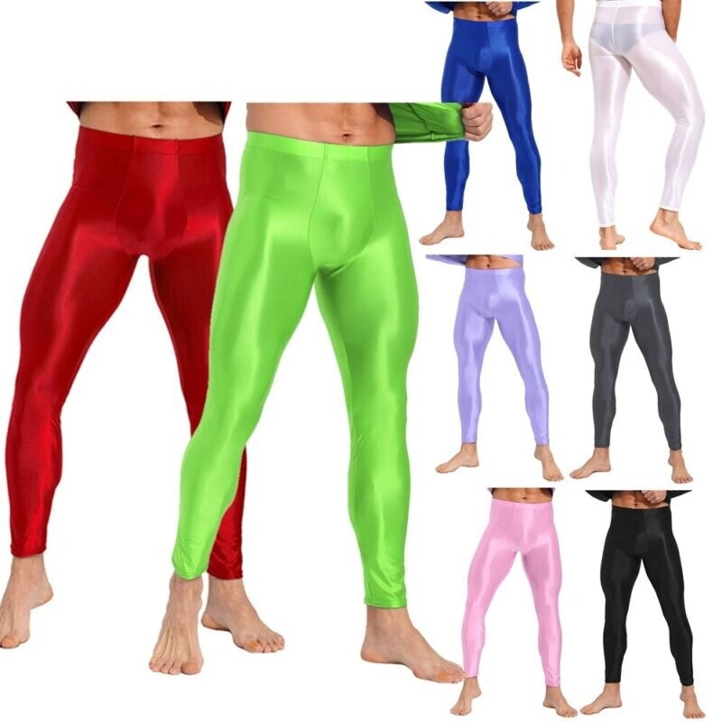 Mens Bulge Pouch Skinny Long Trouser Solid Color Leggings Compression Pants