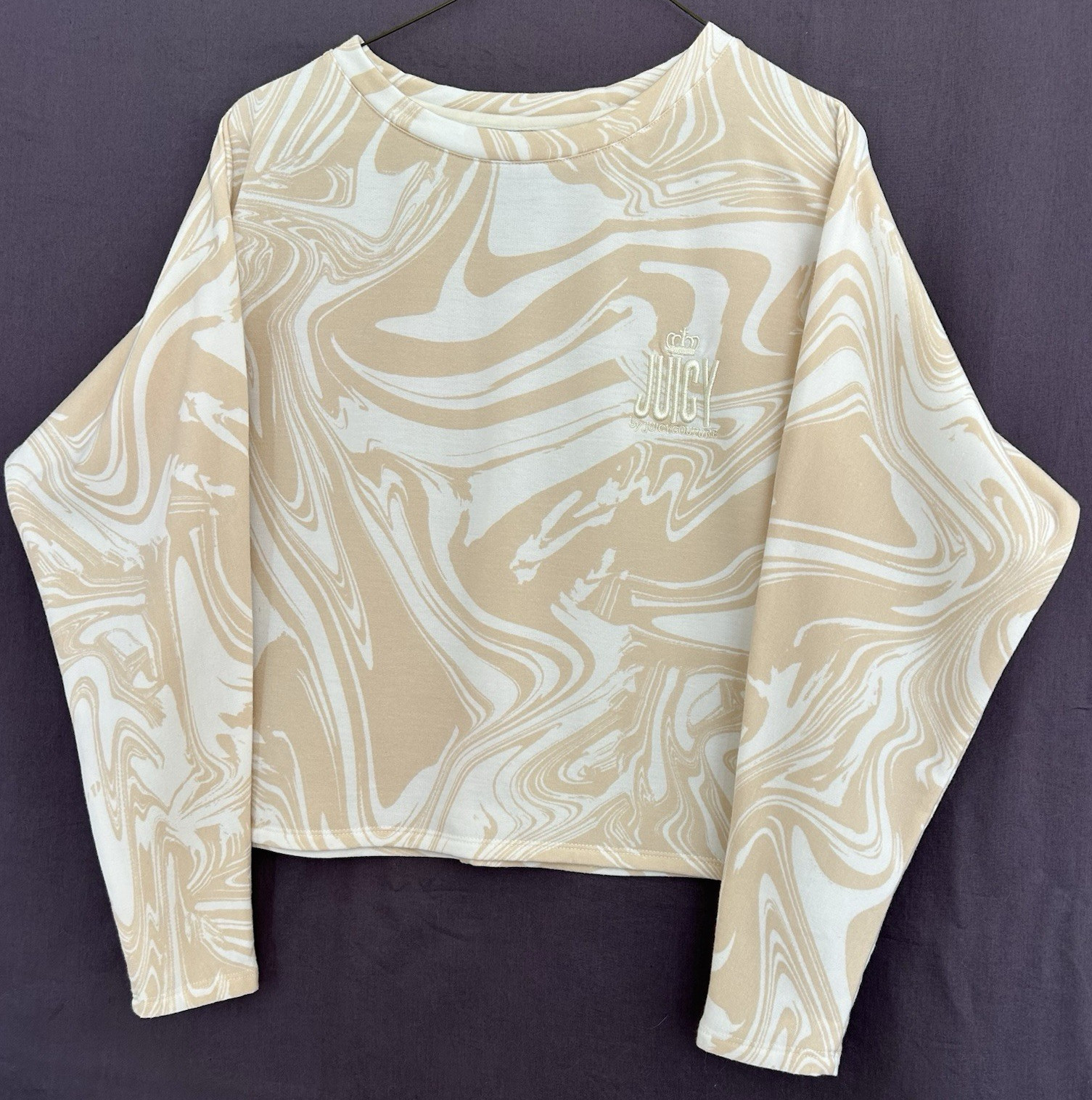 Juicy Couture XS Fleece Crop Sweatshirt Beige Marbled Swirl Logo NWOT