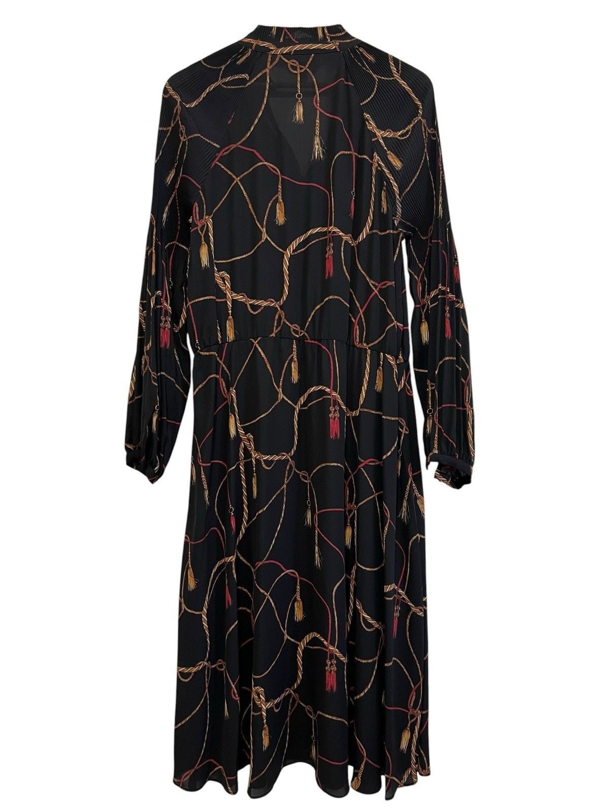 Lauren Ralph Lauren Black Tassel-Print Georgette Tie Neck Midi Dress Size 14