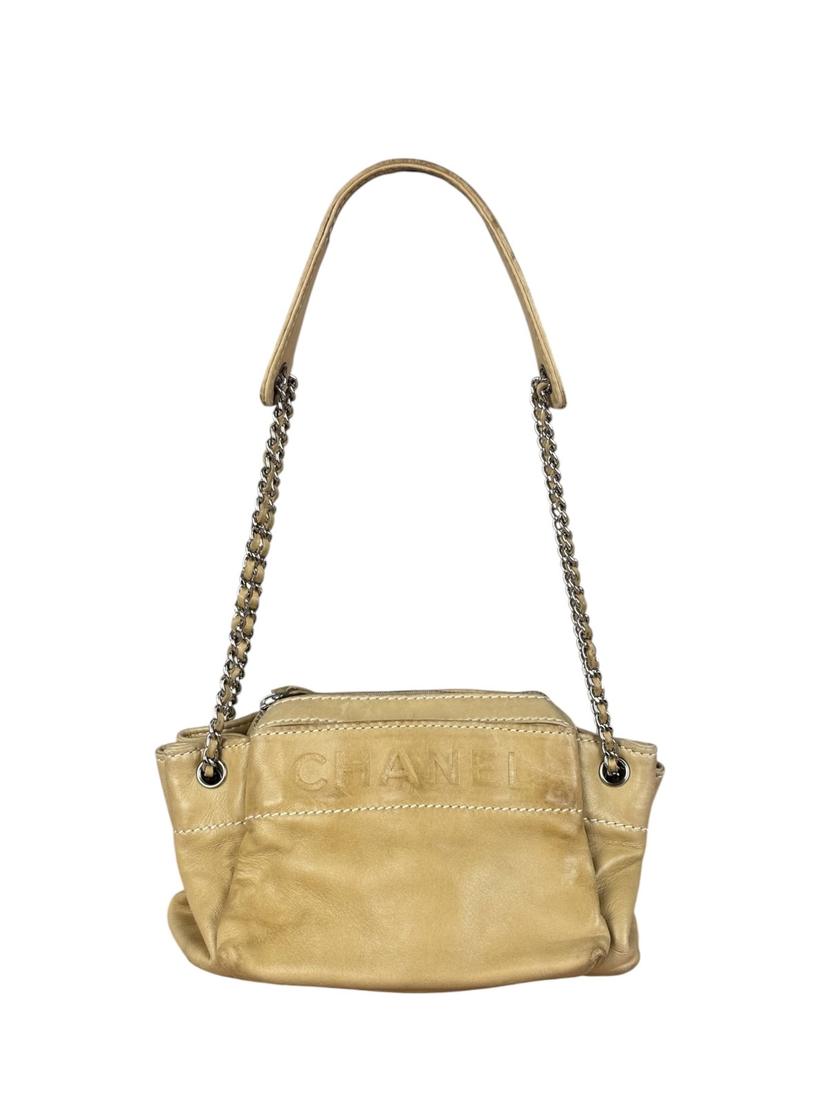 Size OS – Chanel Warm Beige Leather LAX Accordion Shoulder Bag 2003 / Pre-Owned