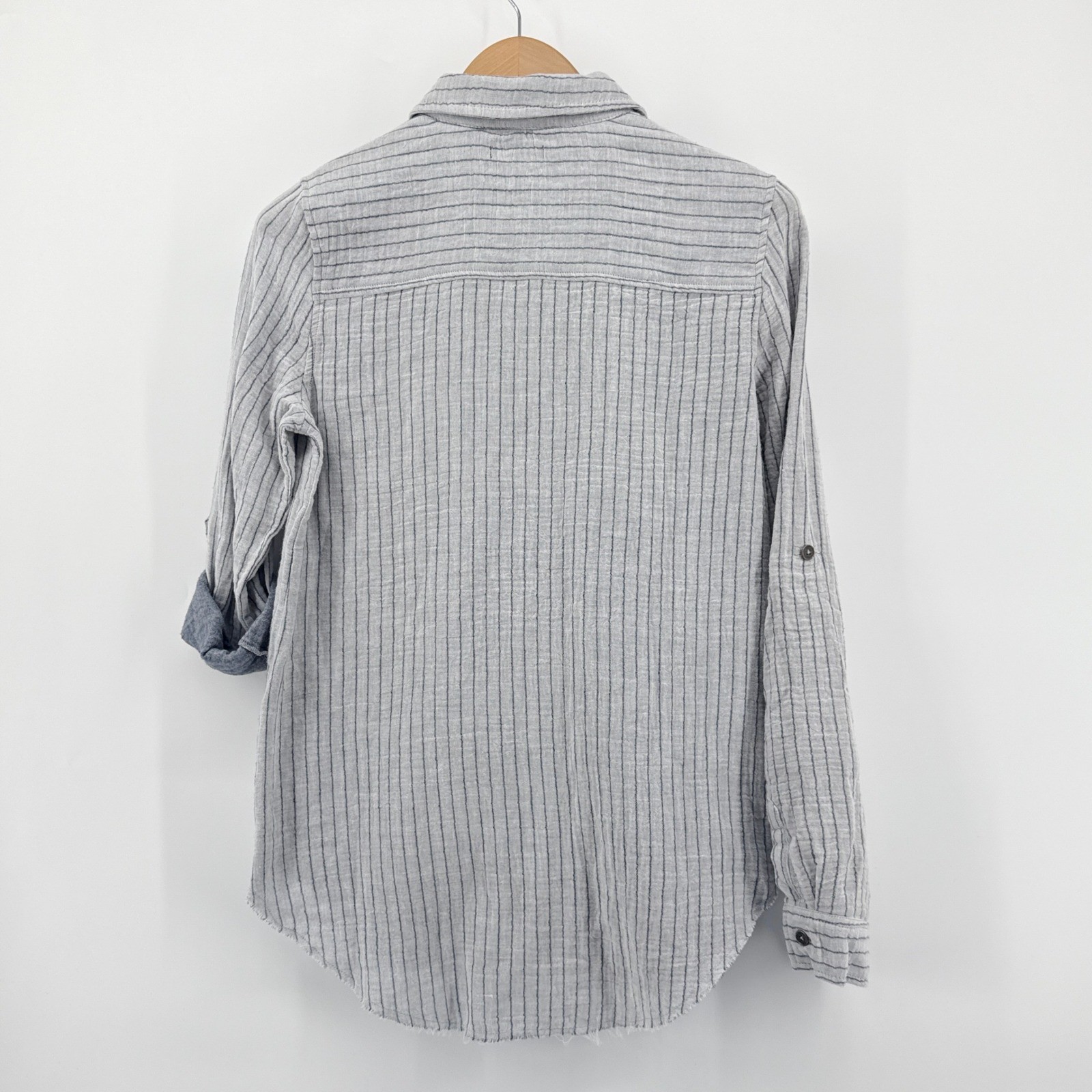 DEAR JOHN Womens Gauzy Striped Button Down Shirt Small Roll Tab Sleeve Raw Hem