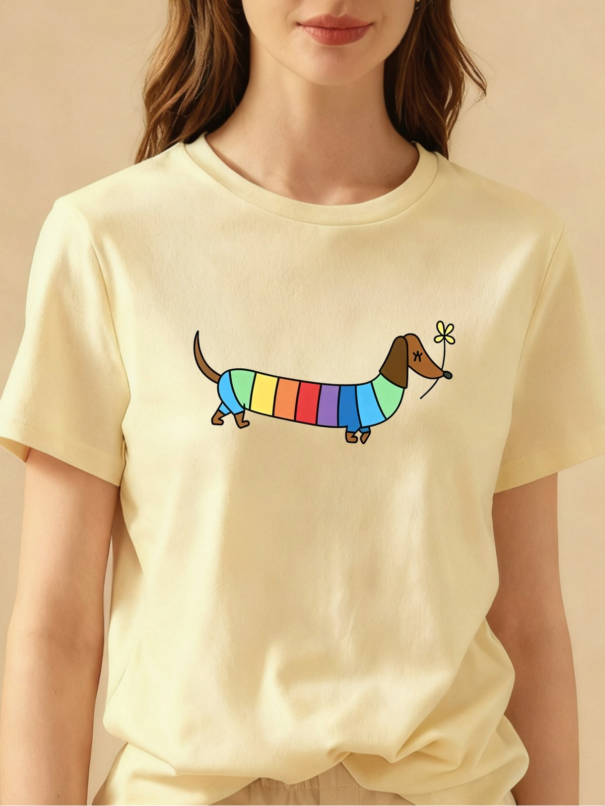 Rainbow Striped Dachshund Graphic Tee W Cute Playful Casual Daily Polyester Top