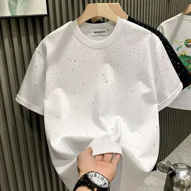 Summer Rhinestone Rivet T-shirt for Men Clothing Round Neck Casual T-shirt