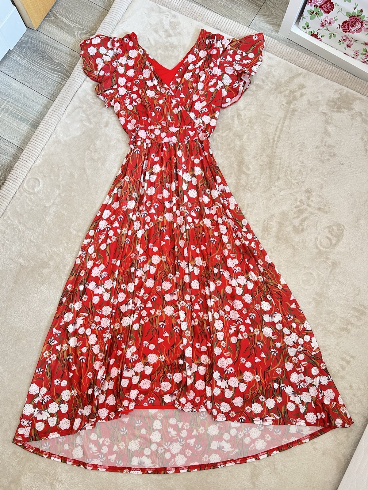Jolie Moi Eleanor Red Floral Mesh Wrap Maxi Dress With Pockets Lined UK 12 EU 40