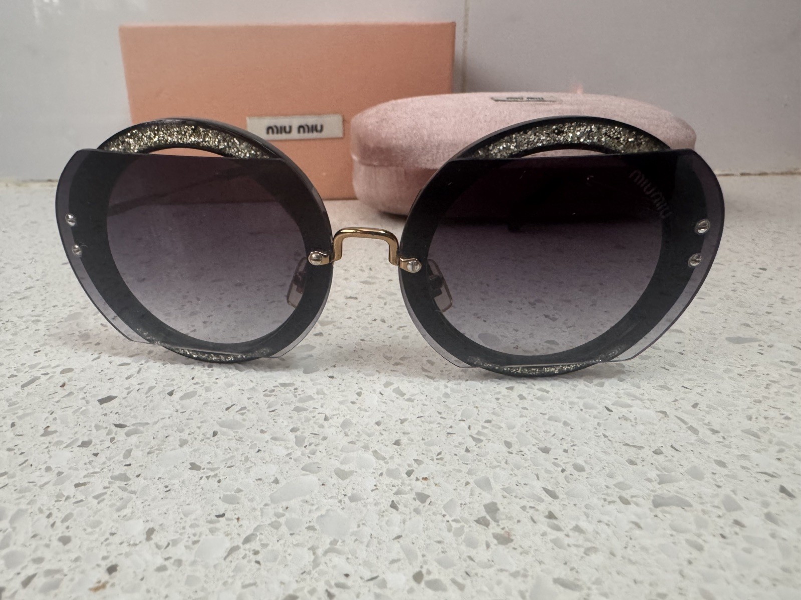 MIU MIU Gold SILVER GLITTER Round Sunglasses VINTAGE SEMI RIM SMUO6s Black Lens