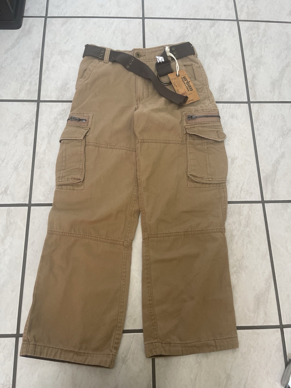 NWT Urban Pipeline Tan Khaki Carpenter Cargo Pants w Belt Boy Youth Size 12 Reg