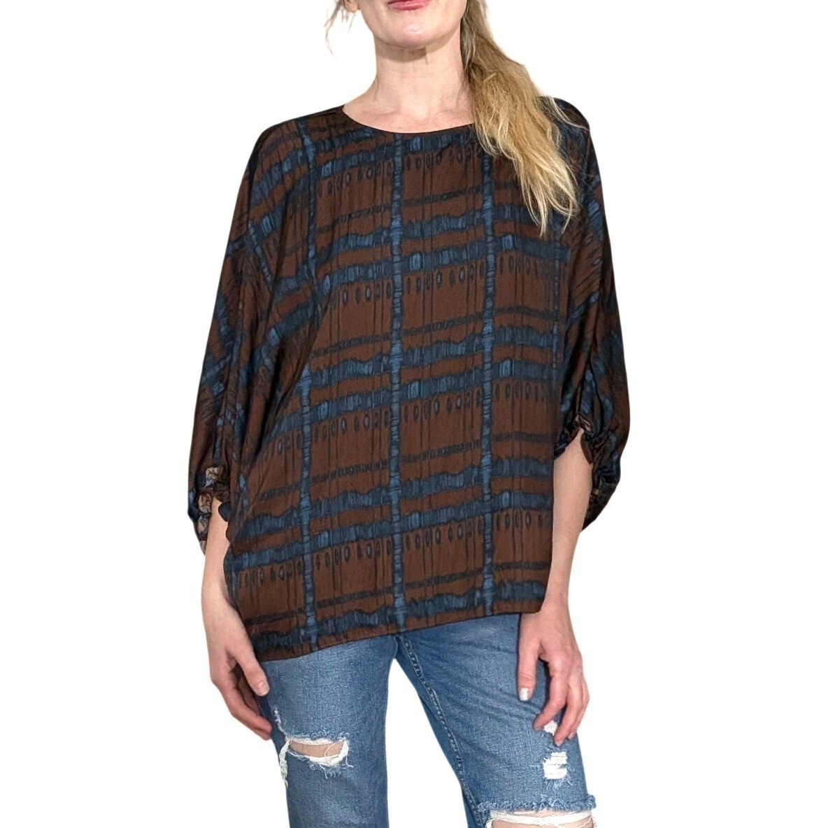 Grade & Gather Blouse Ikat Batwing Dolman Sleeve Brown Blue Plaid Boho Top S/M