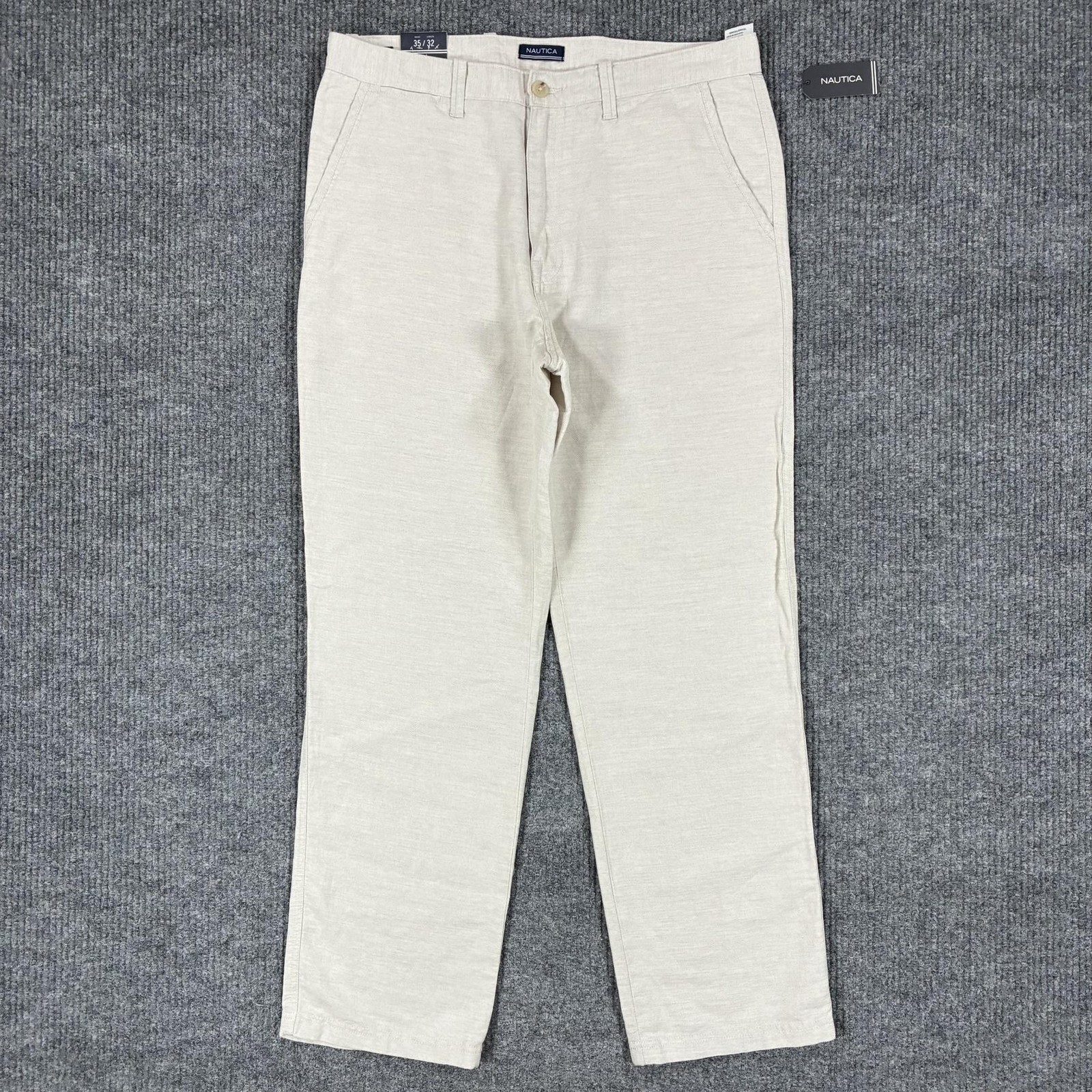 Nautica Chino Pants Mens 35×32 Beige Linen Cotton Classic Fit Straight Leg