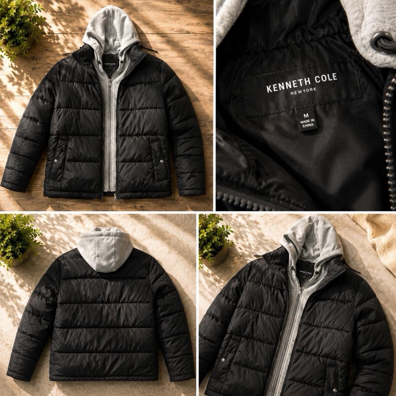 Kenneth Cole New York Men’s Black Puffer Jacket Full Zip Hood Stand-Up M