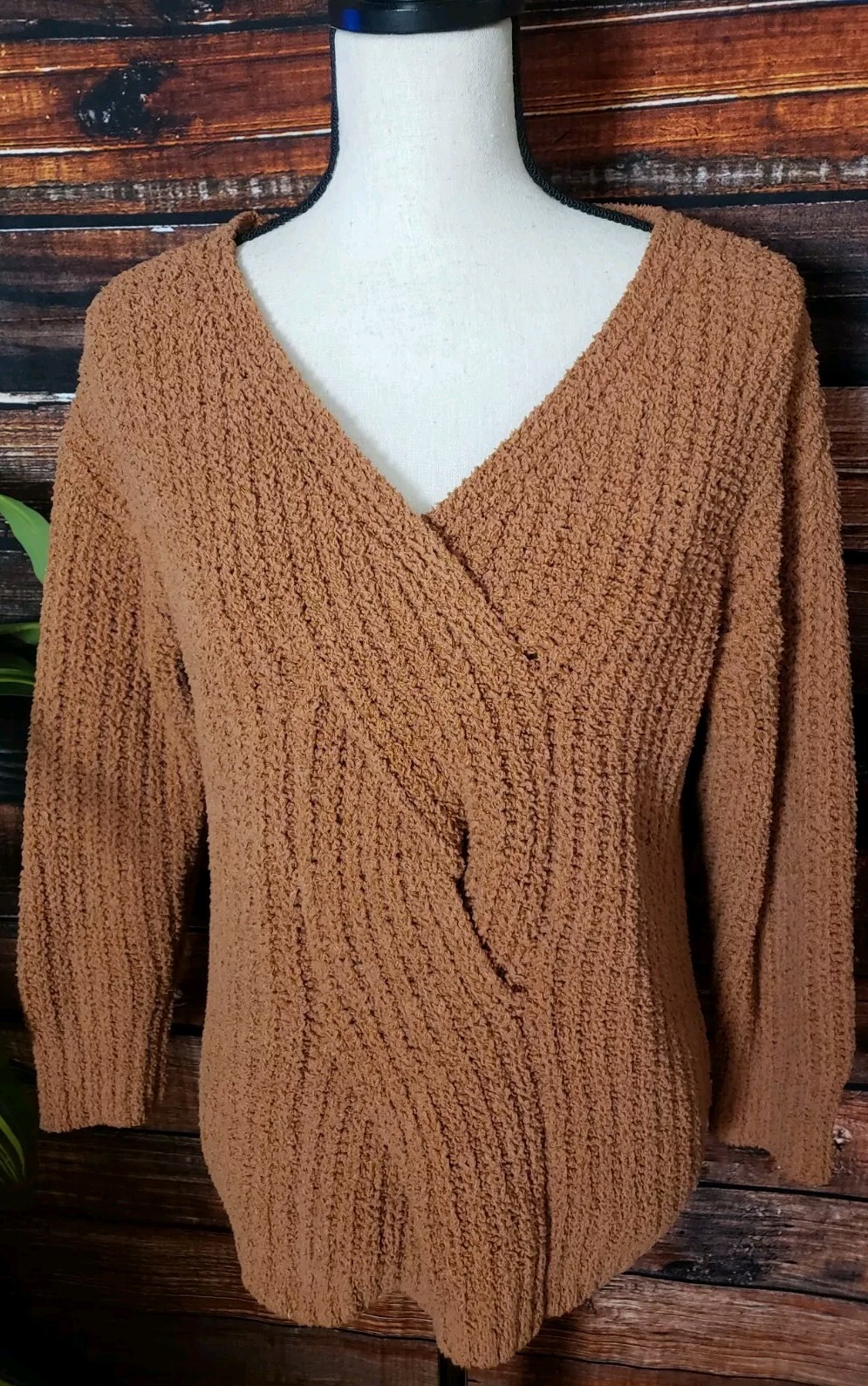 BiBi Sweater Small Sherpa Knit Soft Braided Front V-Neck Plush Warm Caramel Bev
