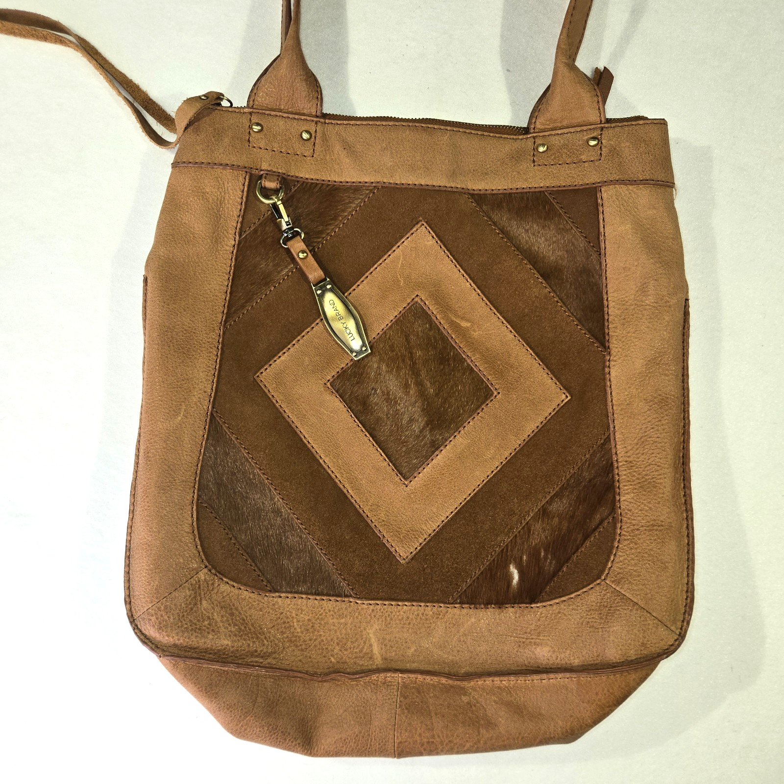 Lucky Brand Gwen Leather Suede Sachel Shoulder Bag Brown Patchwork Calf Hair
