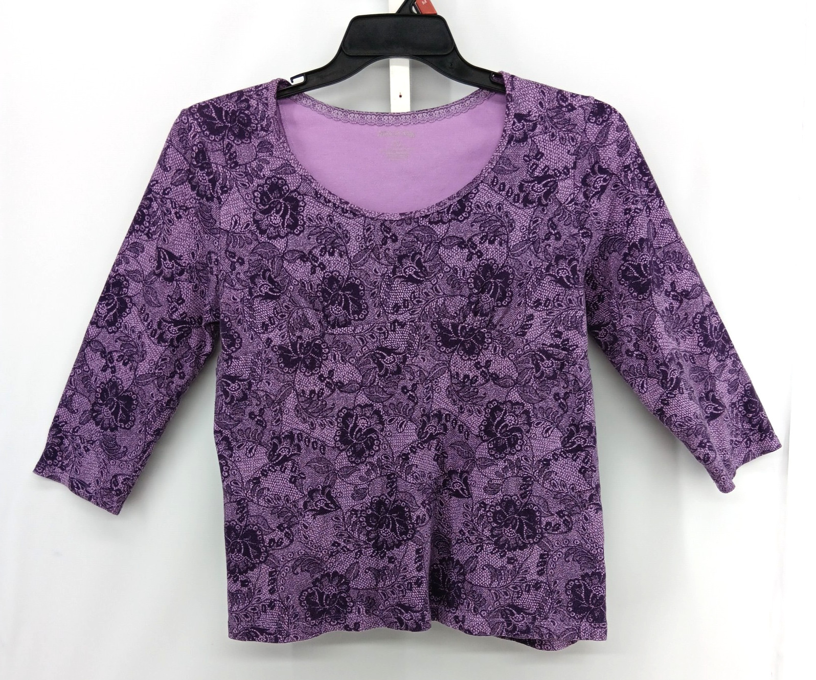 White Stag Shirt Womens Medium Purple Floral 3/4 Sleeve Round Neck Pullover Top