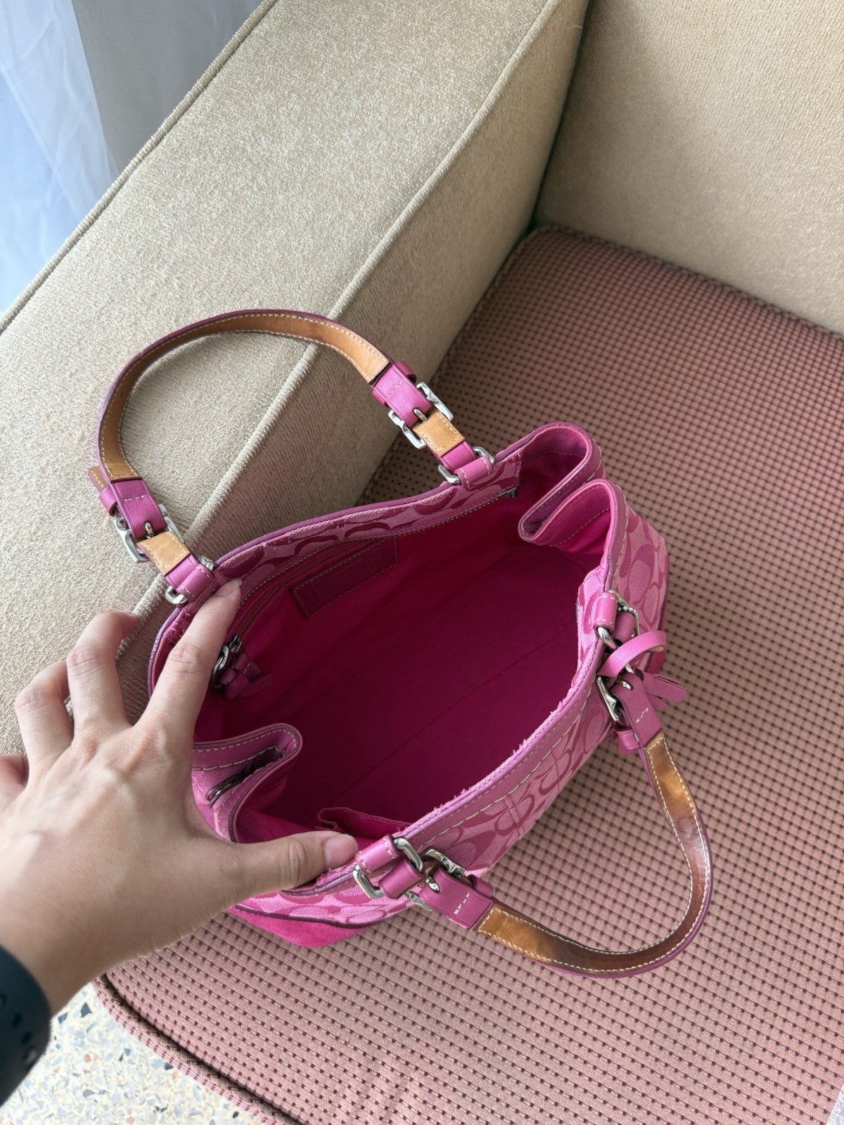 Coach Hampton Signature Satchel Pink Canvas Suede Trim 6830