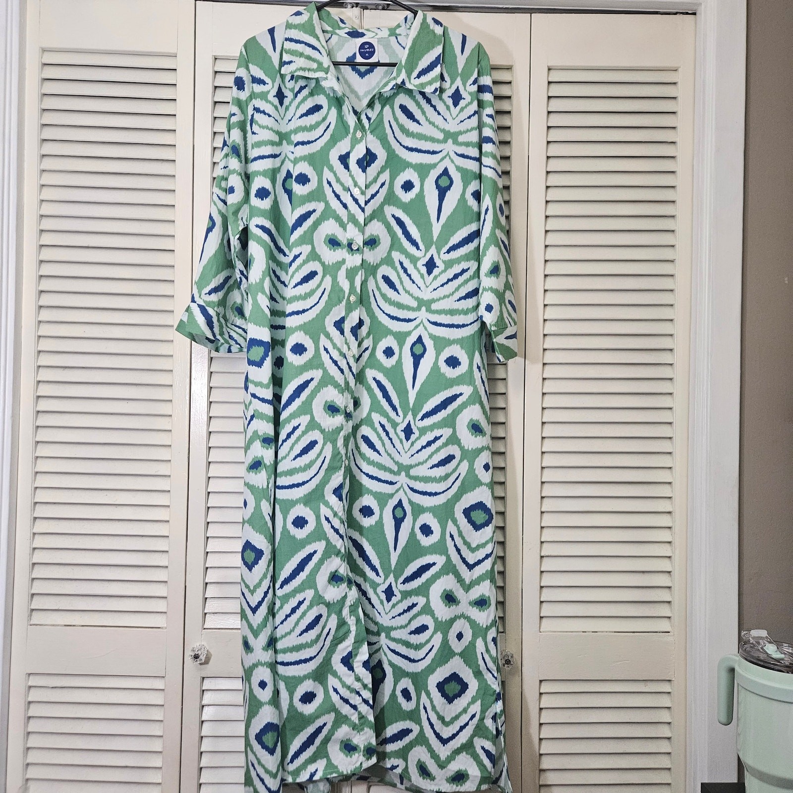 navy BLEU Ikat Print Button Front Midi Shirtdress Green Blue White Size XL