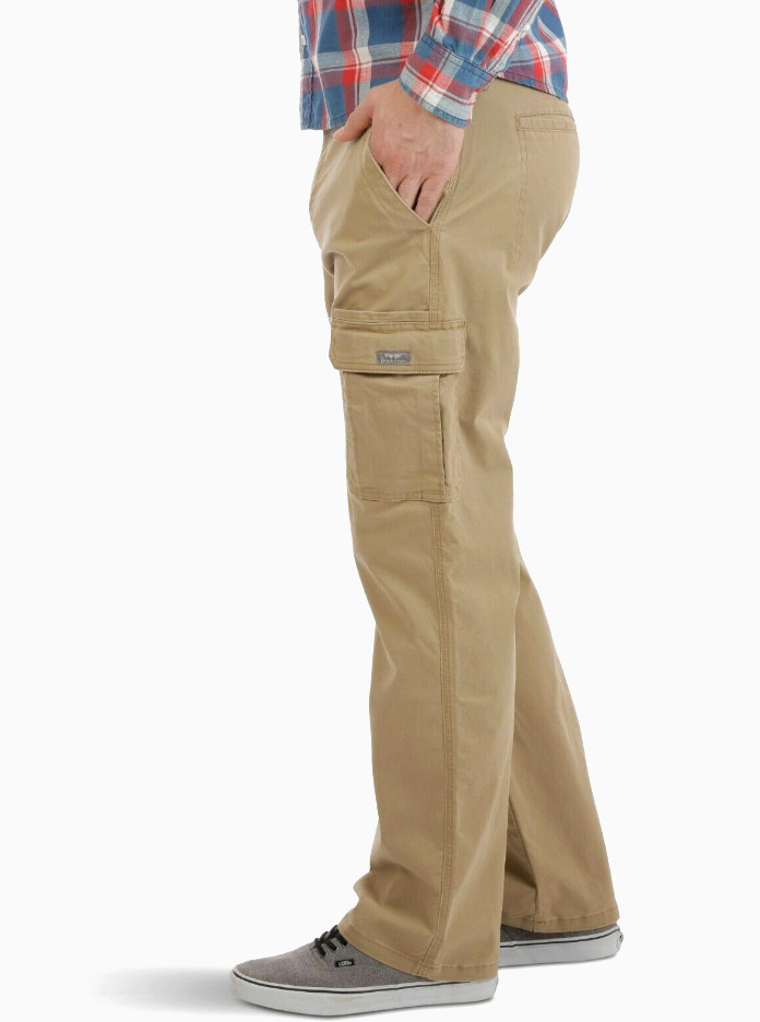 Men’s Wrangler Flex Cargo Pants Relaxed Fit Tech Pocket Elmwood Khaki ALL SIZES