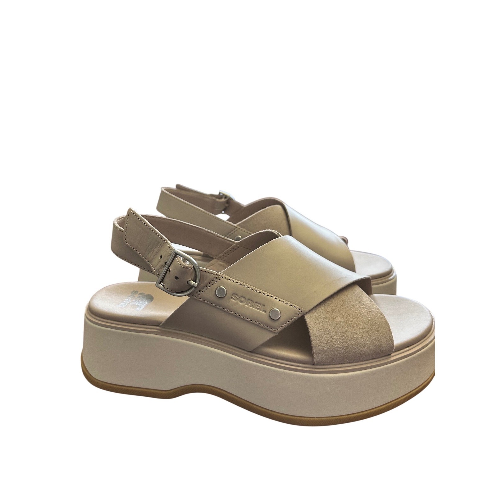 Sorel Cameron Flatform Sandals Beige Leather Suede Slingback Chunky Platform