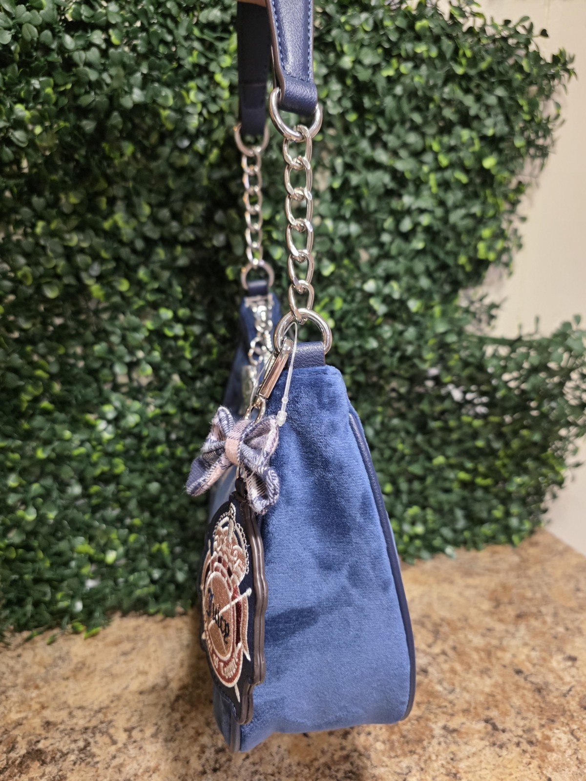 Juicy Couture Blue Logo Crescent Shoulder Bag Chain Strap Charm Zip Medium