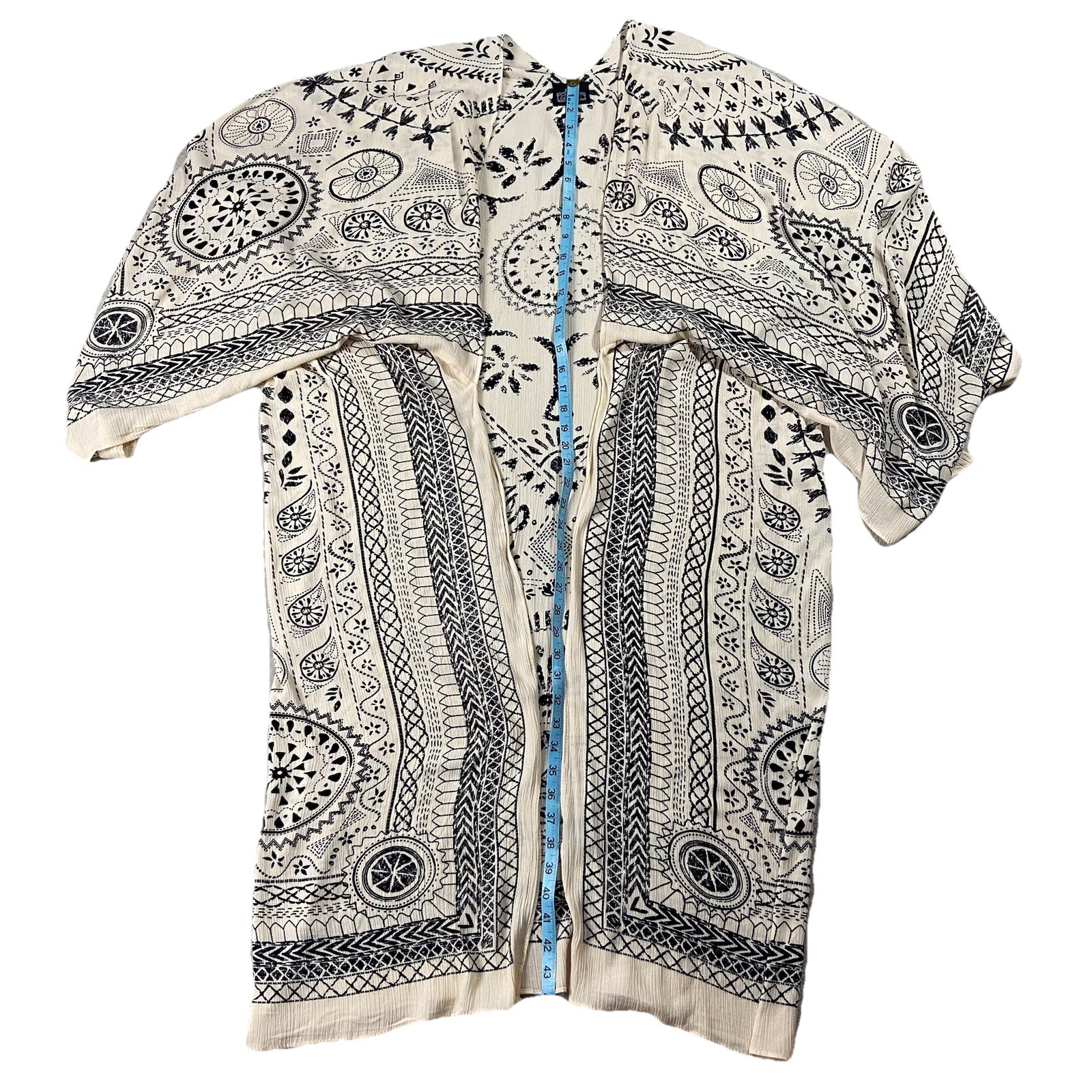 Angie Long Kimono Duster Ivory Black Print Women OS Boho Chic Beachcore Festival