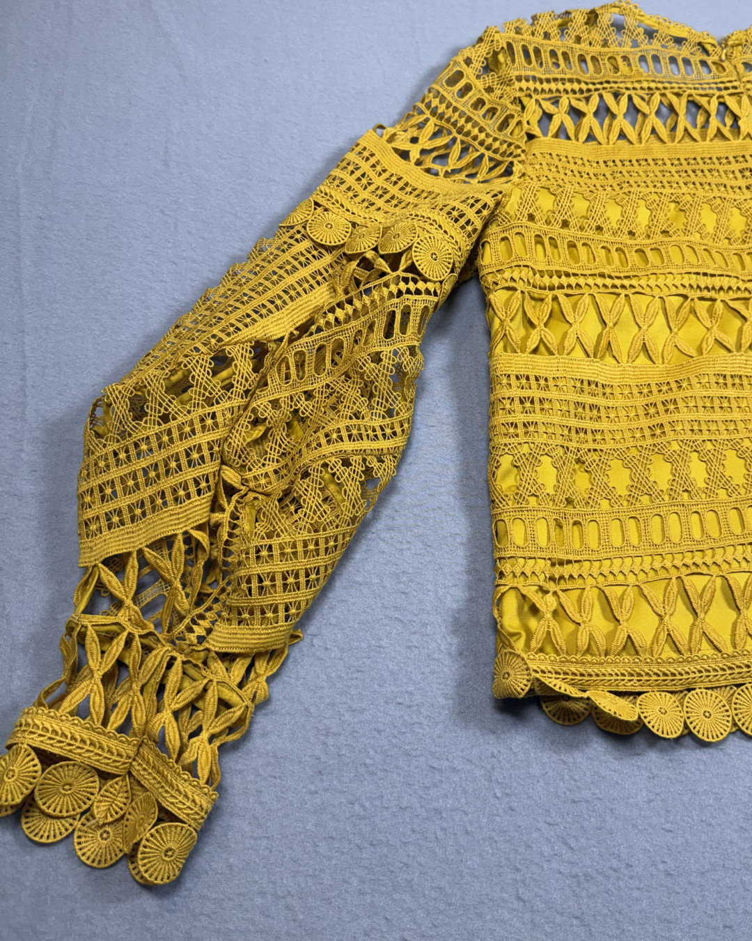 A. Moss Womens Medium Mustard Lace Crochet Blouse Long Sleeve Boho Top Lined