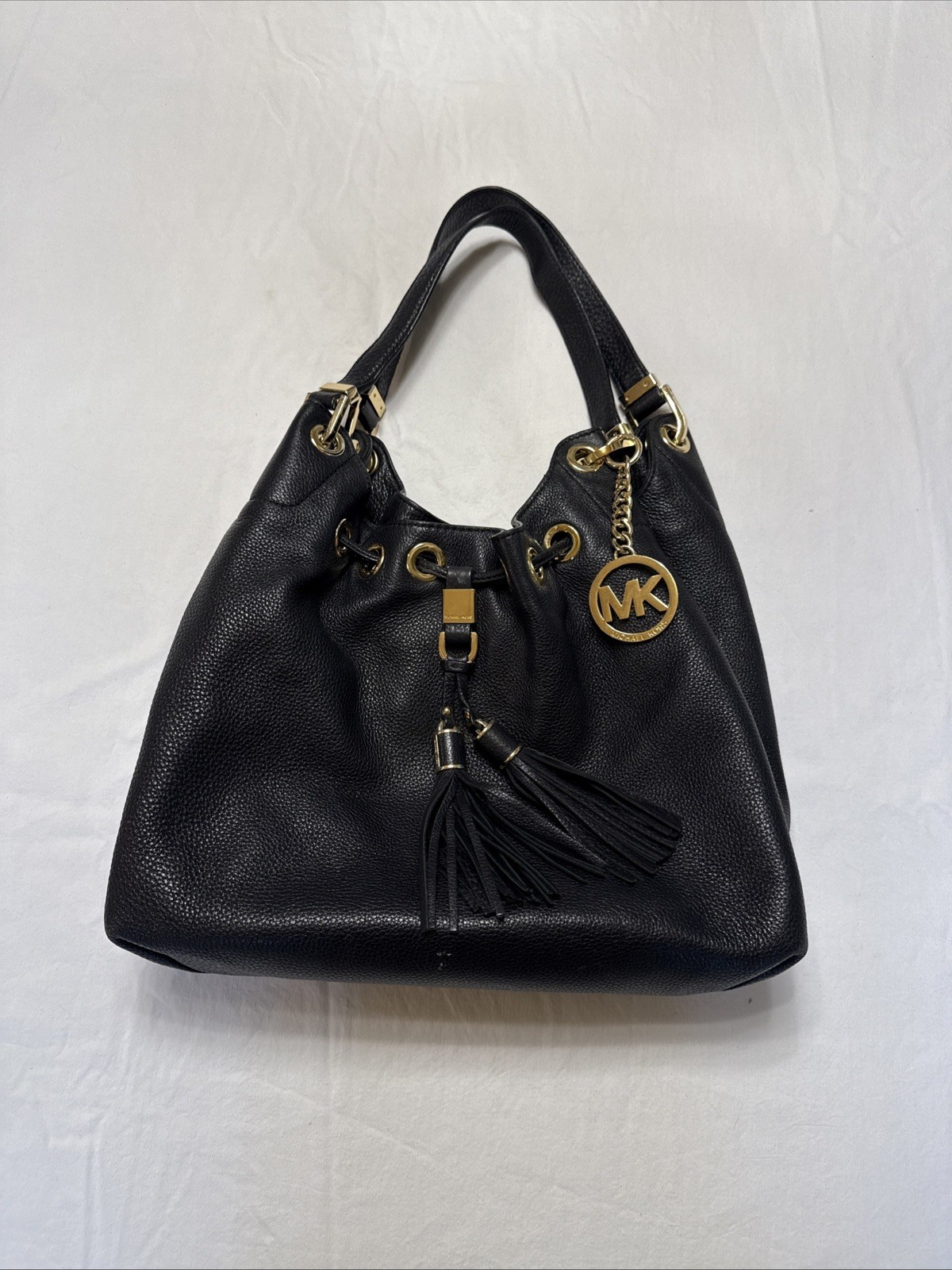 Michael Kors Camden Pebbled Leather Black Handle Purse With Tassels and Dust Bag