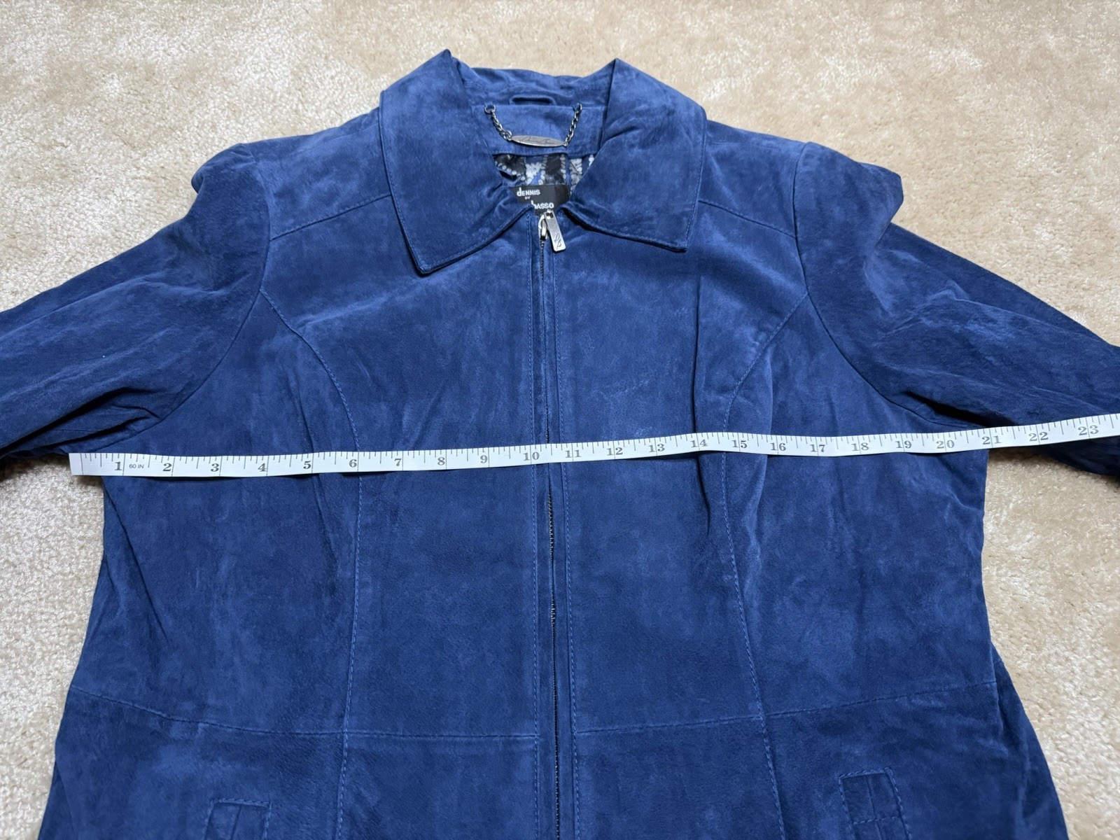 Dennis Basso Blue Suede Leather Jacket Womens Large Genuine Leather Coat