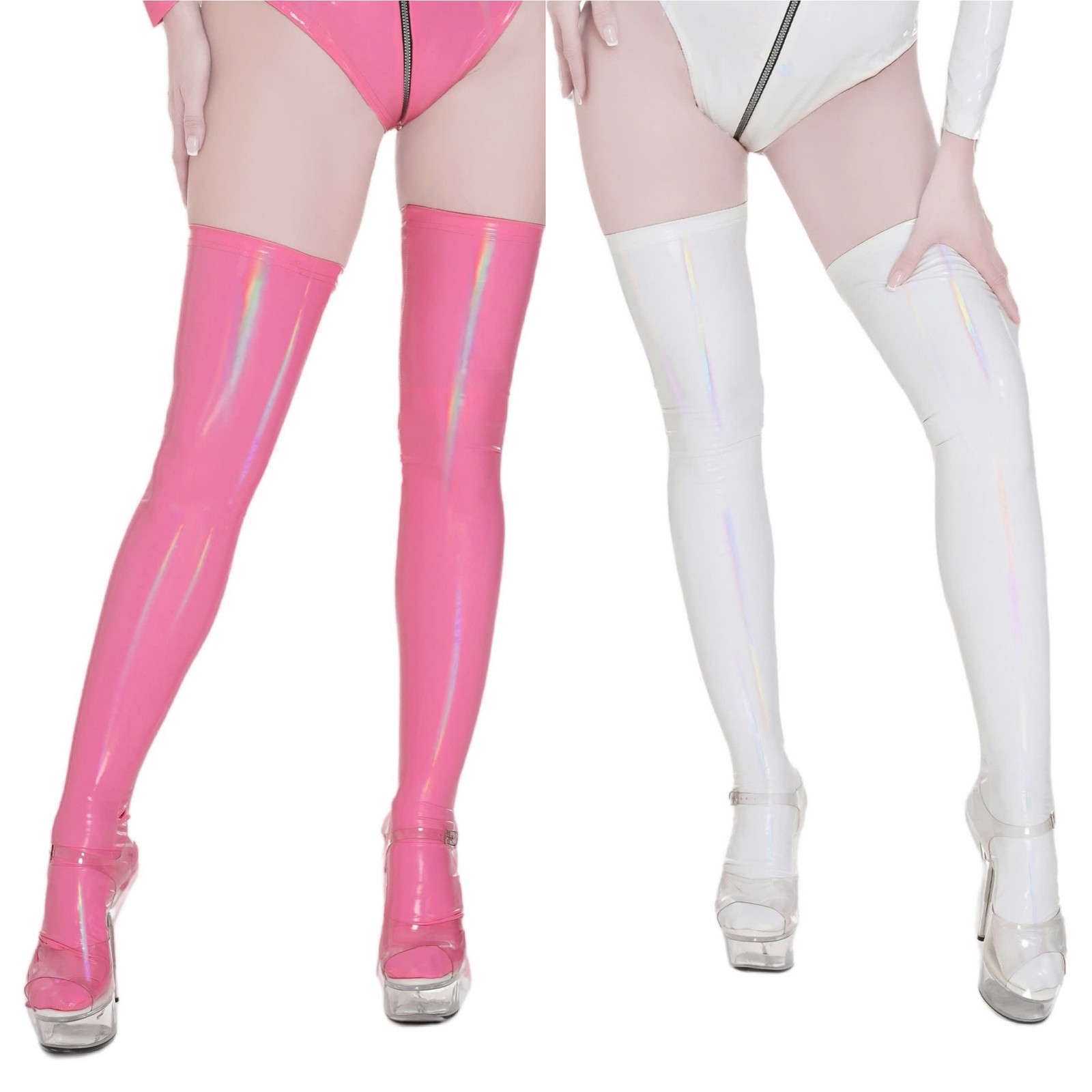 Women Wet Look Shiny PVC Leather Thigh High Stockings Nightclub Latex Long Socks