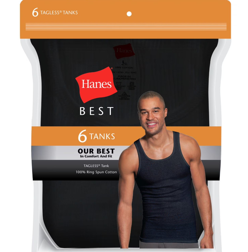 Hanes Men’s 6-Pack Best Tank Tops Black Ribbed Cotton Undershirts Size Large-XXL