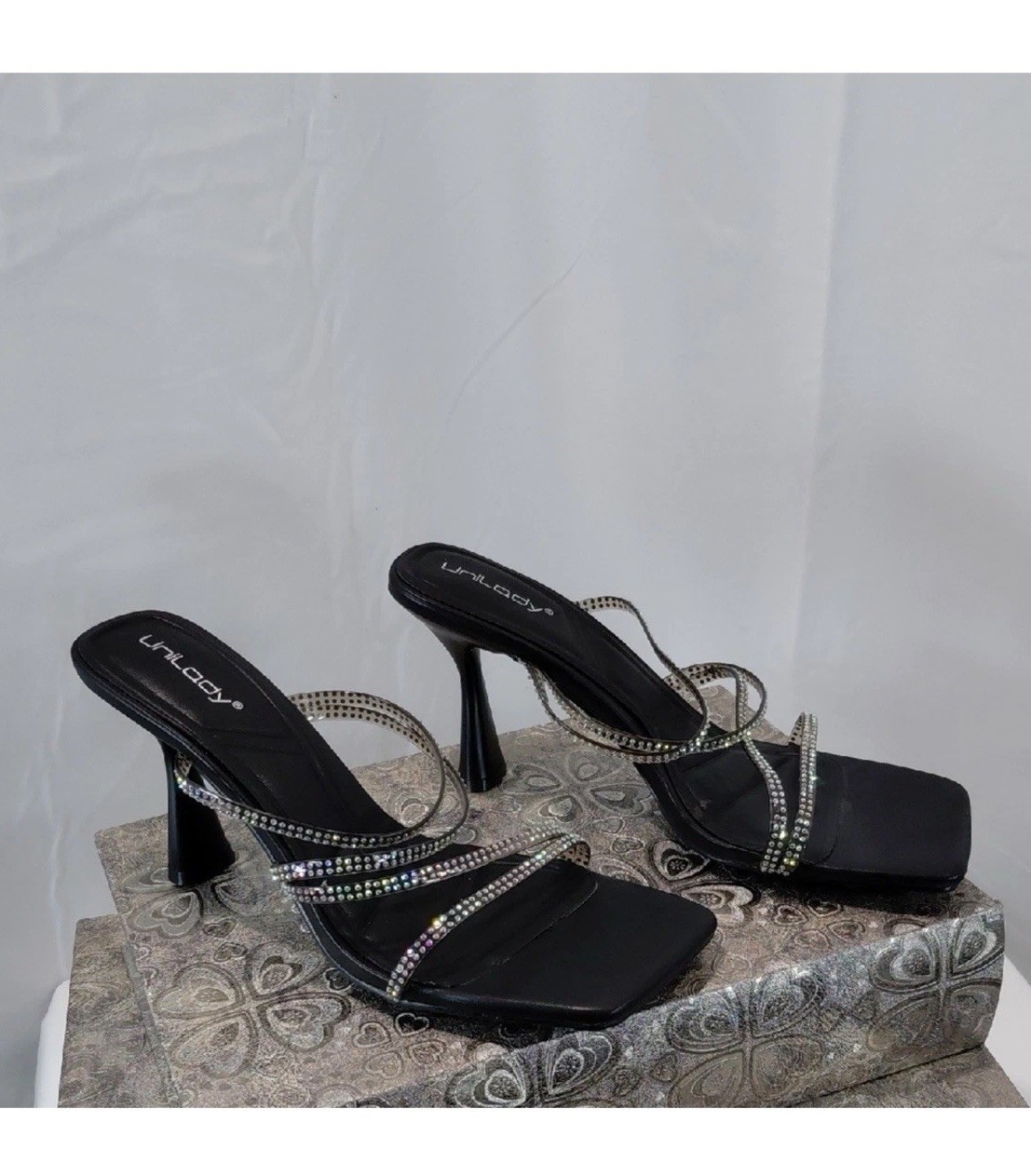 Unlady Black Rhinestone Strappy Heels Sandals 5.5, 7, 8, 8.5, 9 Size chart