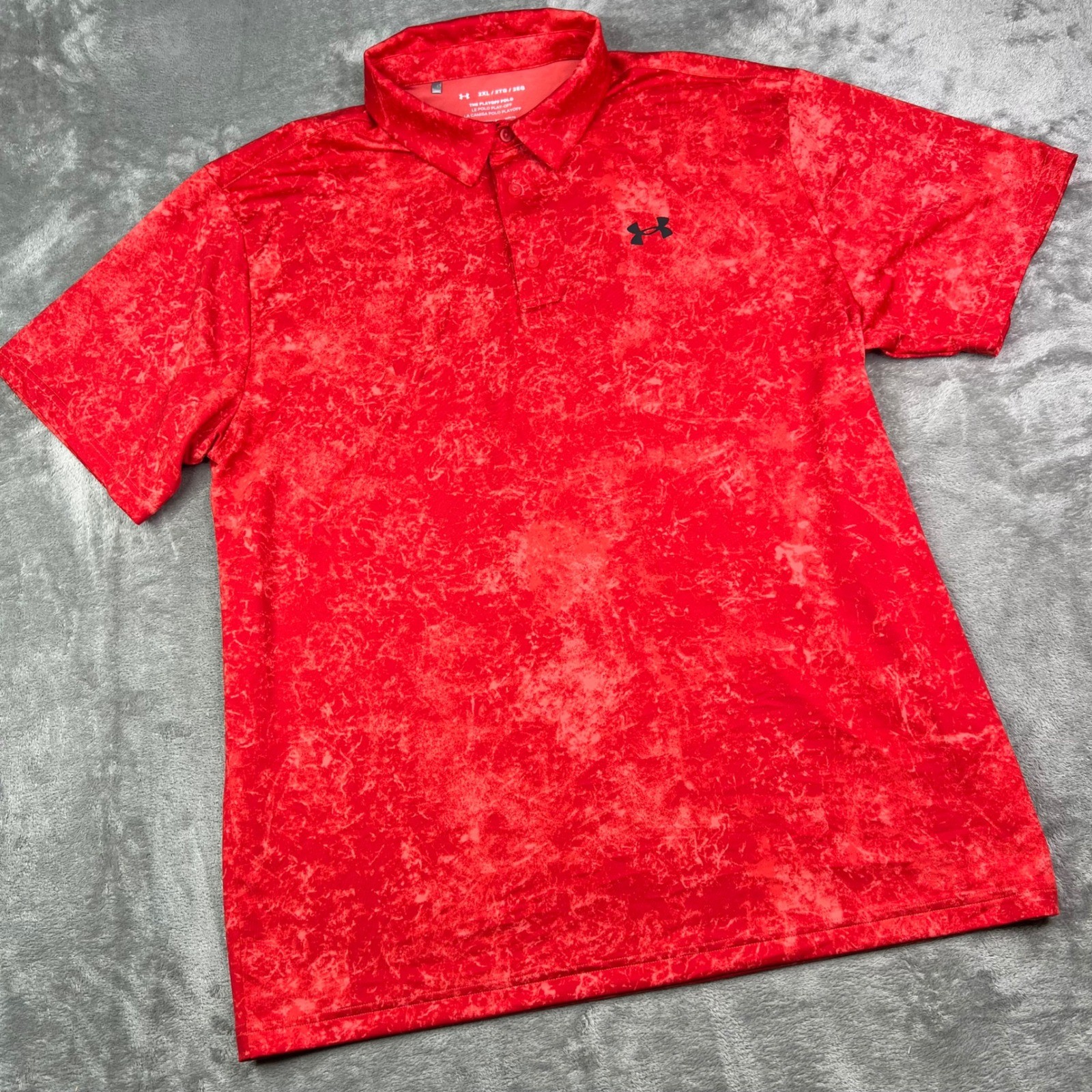 Under Armour Playoff Golf Polo Shirt Mens 2XL Red Marble Print Loose Fit Stretch