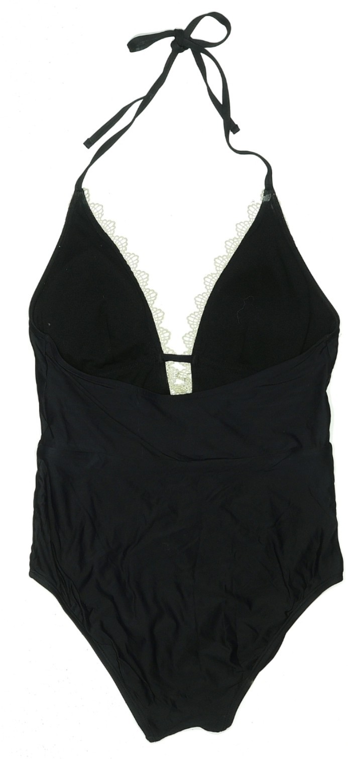 Angel Suit Brand W-size M Black/Cream Crochet V-neck line One Piece Swimsuit.