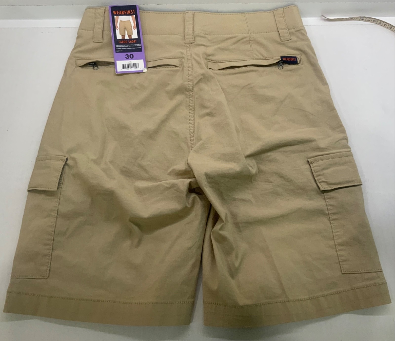 WEARFIRST 30” W x 9”L 11” rise CARGO SHORTS ELASTIC waist 6 pockets (2 zip) TAN