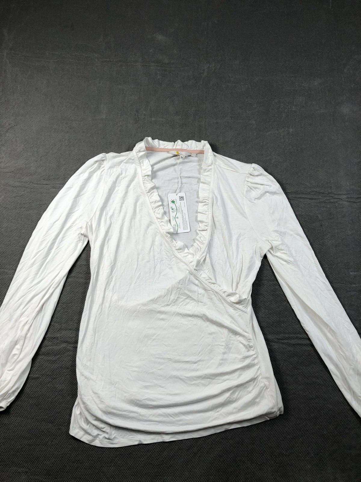 Boden Blouse Womens 14 White V Neck Long Puff Sleeve Ruffle Jersey Top NWT