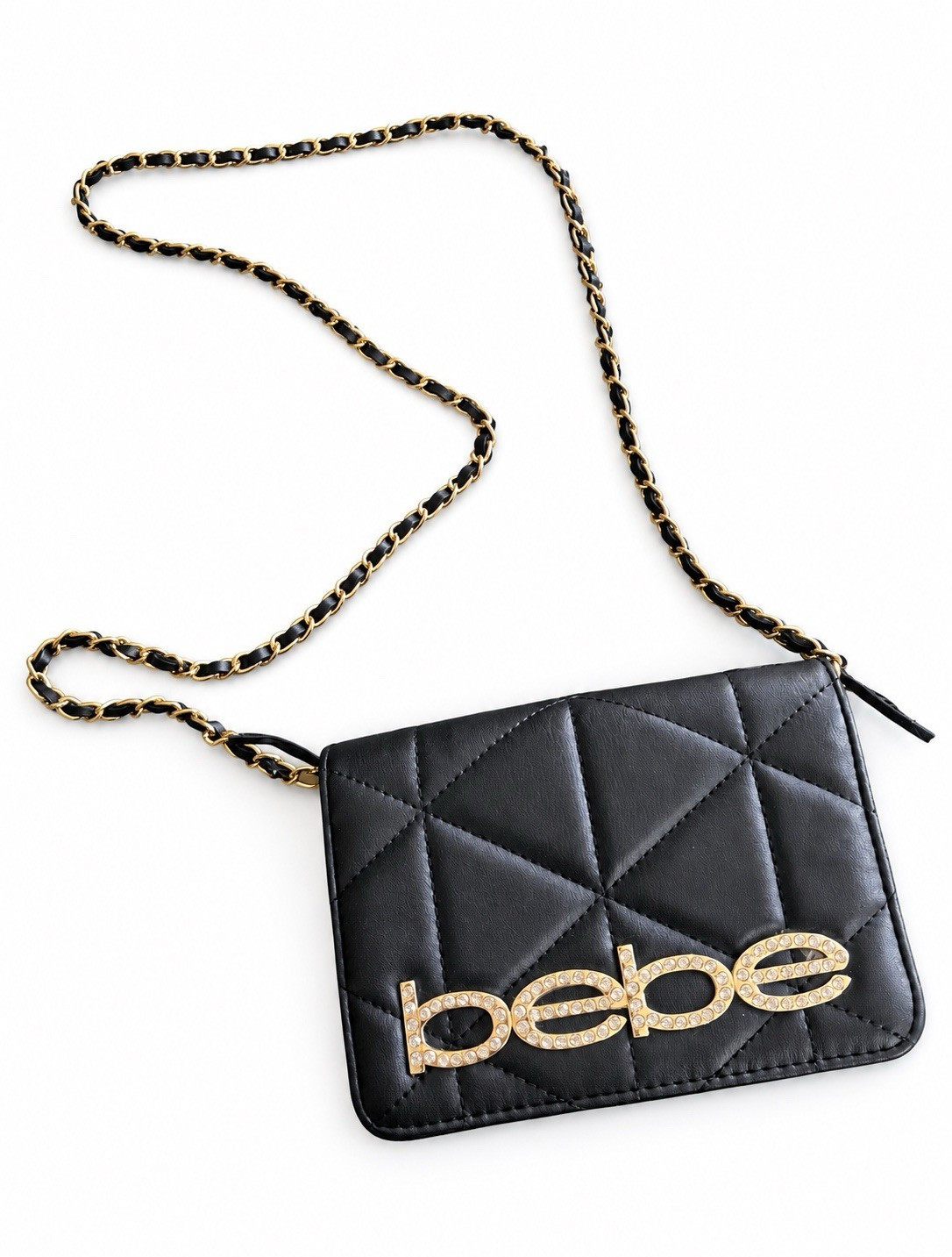 bebe Black Quilted Logo Wallet w/ Chain Strap, Zipper, Credit Card Slots