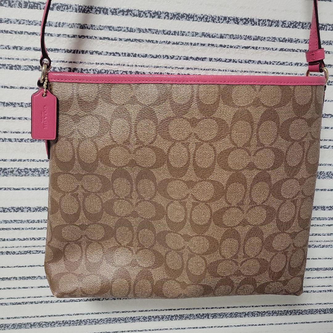 COACH Logo Pattern Shoulder Bag Beige Pink Synthetic Fiber Women’s Crossbody