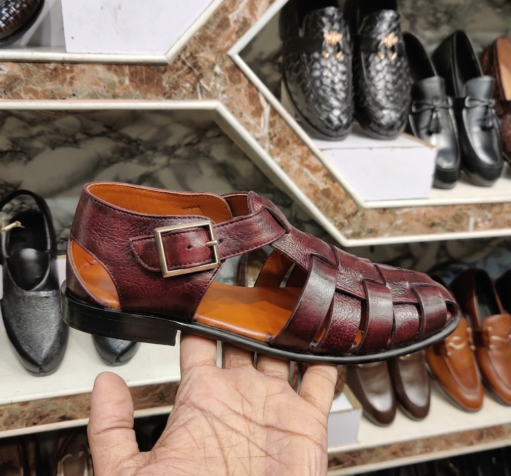 Mens Burgundy Leather Fisherman Sandals Woven Gladiator Summer Beach Shoes Maron