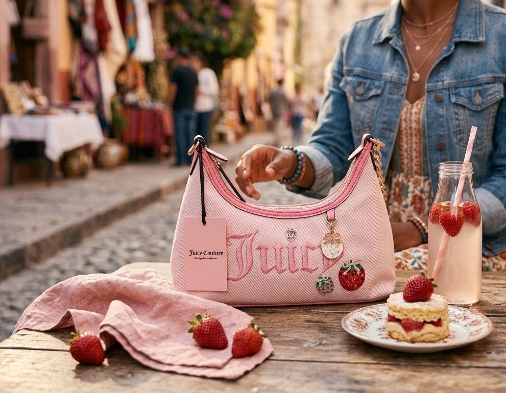 Juicy Couture Women’s Pink Small Shoulder Bag Zip Gold Chain Detachable Strap