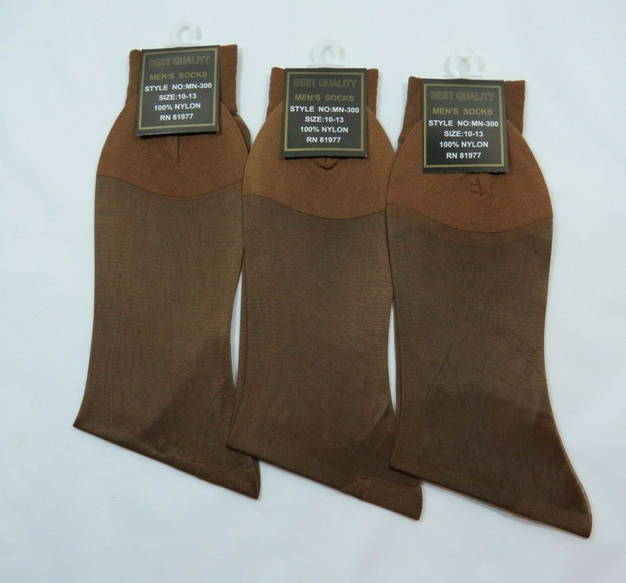 Mens SHEER Dress Socks 3PK 100% Nylon mid Calf Brown Size 10-13 thin