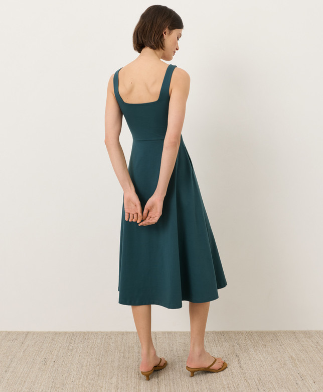PACT Organic Fit & Flare Square Neck Dress, Deep Aqua NEW