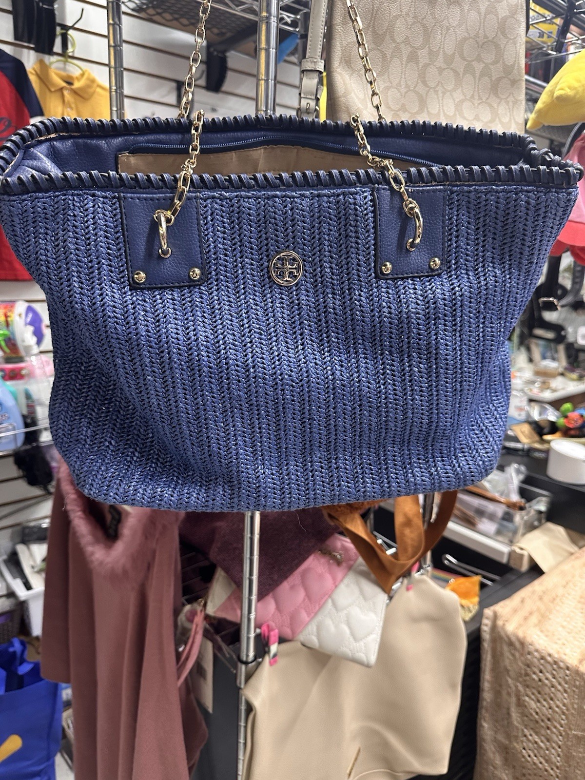 Tory Burch Vintage Woven Basket Bag Large Tote Chain Shoulder Used From Japan