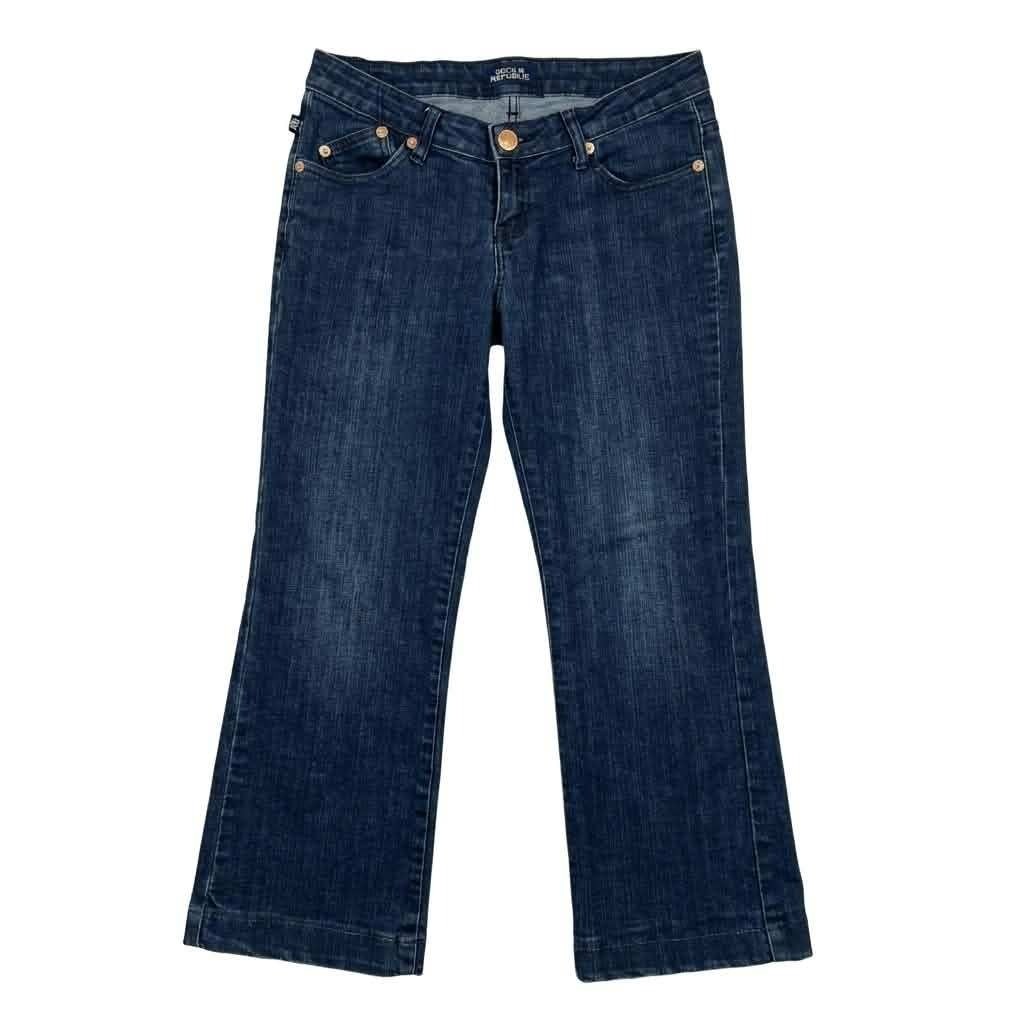 Rock & Republic Womens Dark Wash Flare Jeans Gold Chain Pocket Made in USA 27