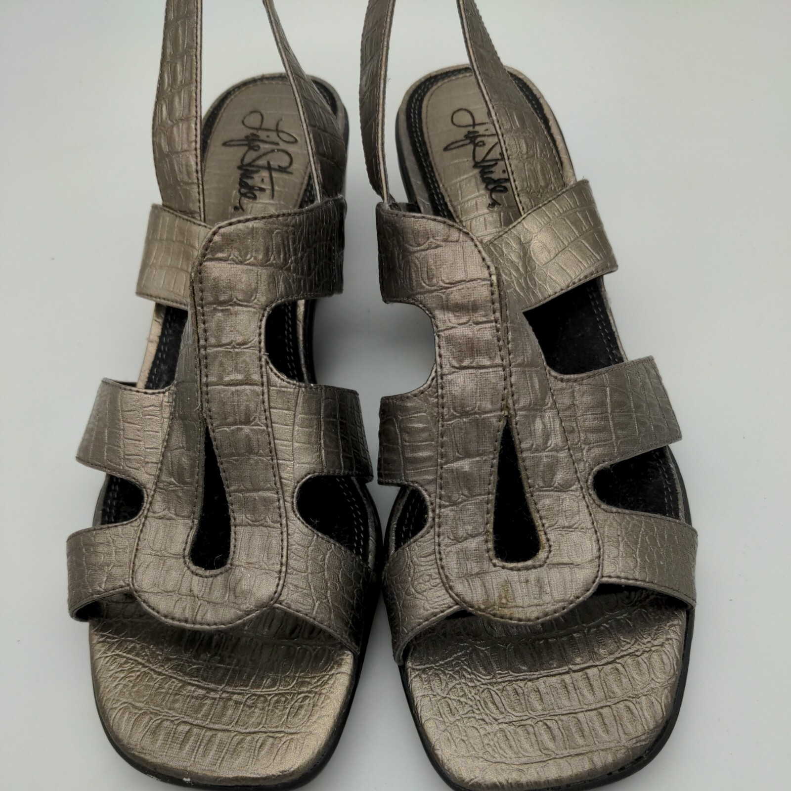 Lifestride 9M memento Tan/Gold croc strappy slingback wedge heels sandals