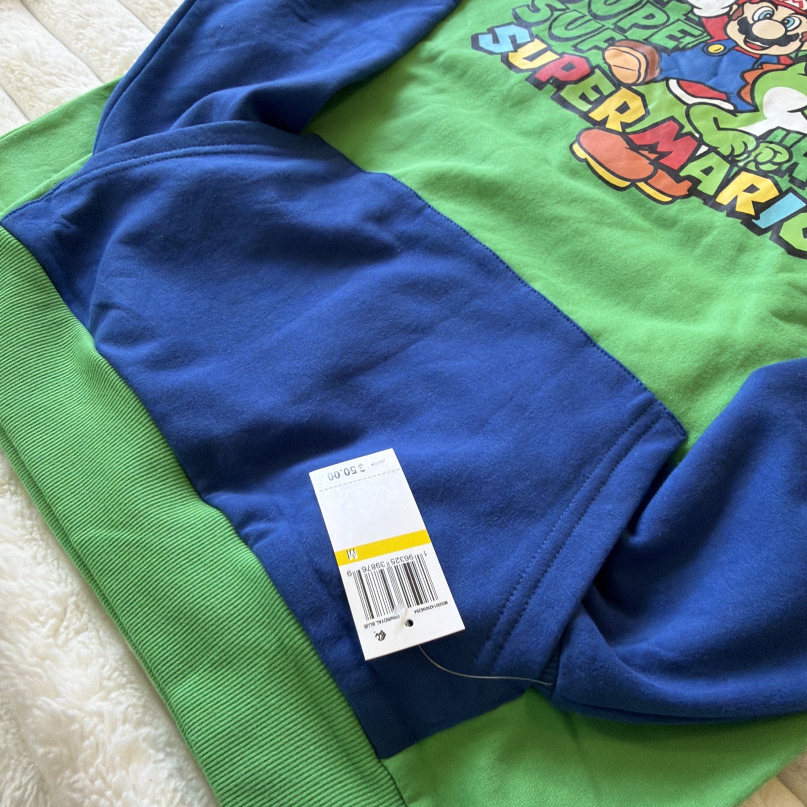 Super Mario-Nintendo Colorblock Pullover Hoodie Unisex Green & Blue Medium (NEW)