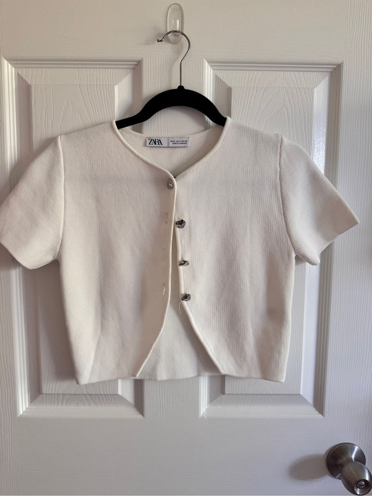 Zara White Short-Sleeve Cropped Cardigan with Silver Buttons NWOT S