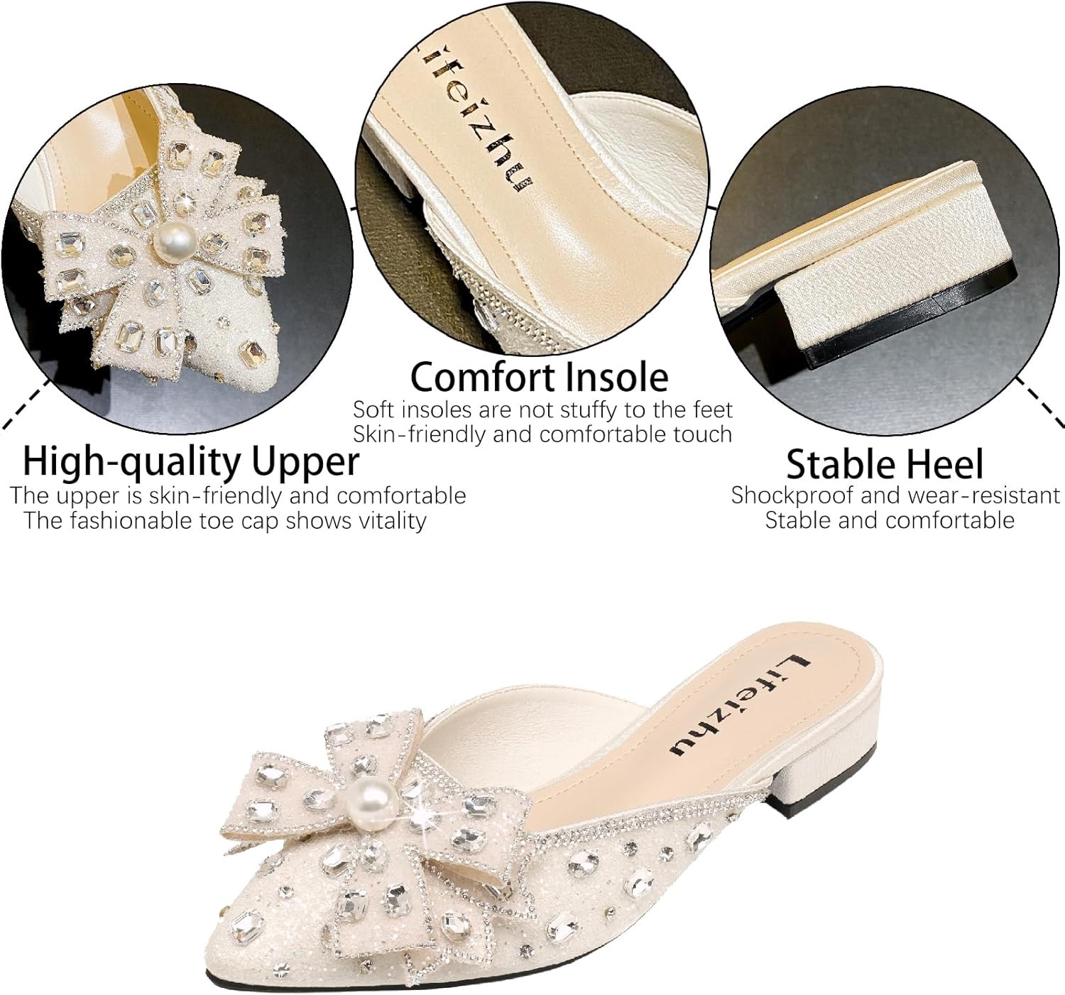 Women’s Glitter Rhinestone Bow Low Heels Mules Fashion Pearl Closed Pointed…