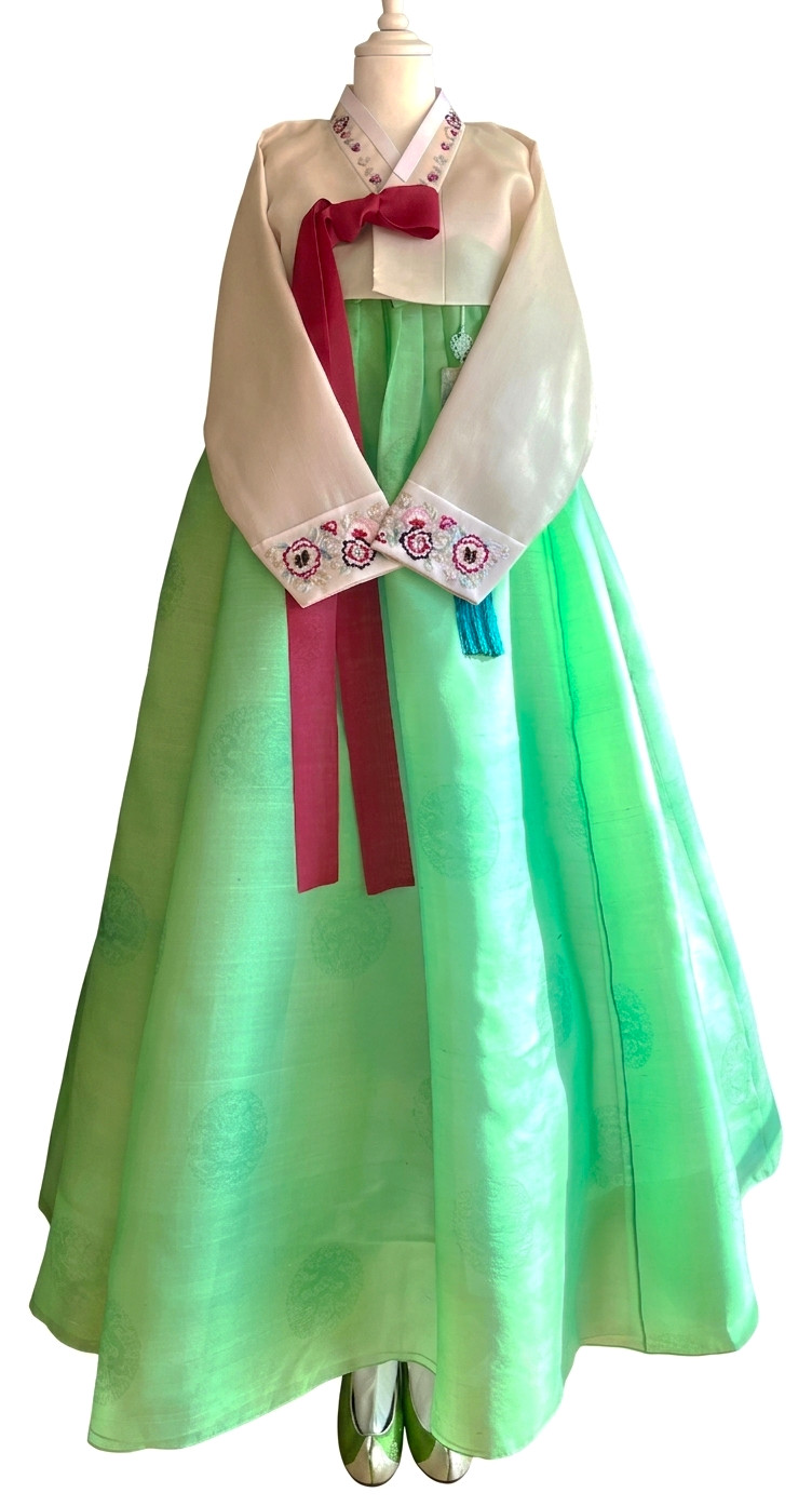 Korean Traditional Dress Silk Hanbok -Ivory & Apple green/ Petticoat & Norigae