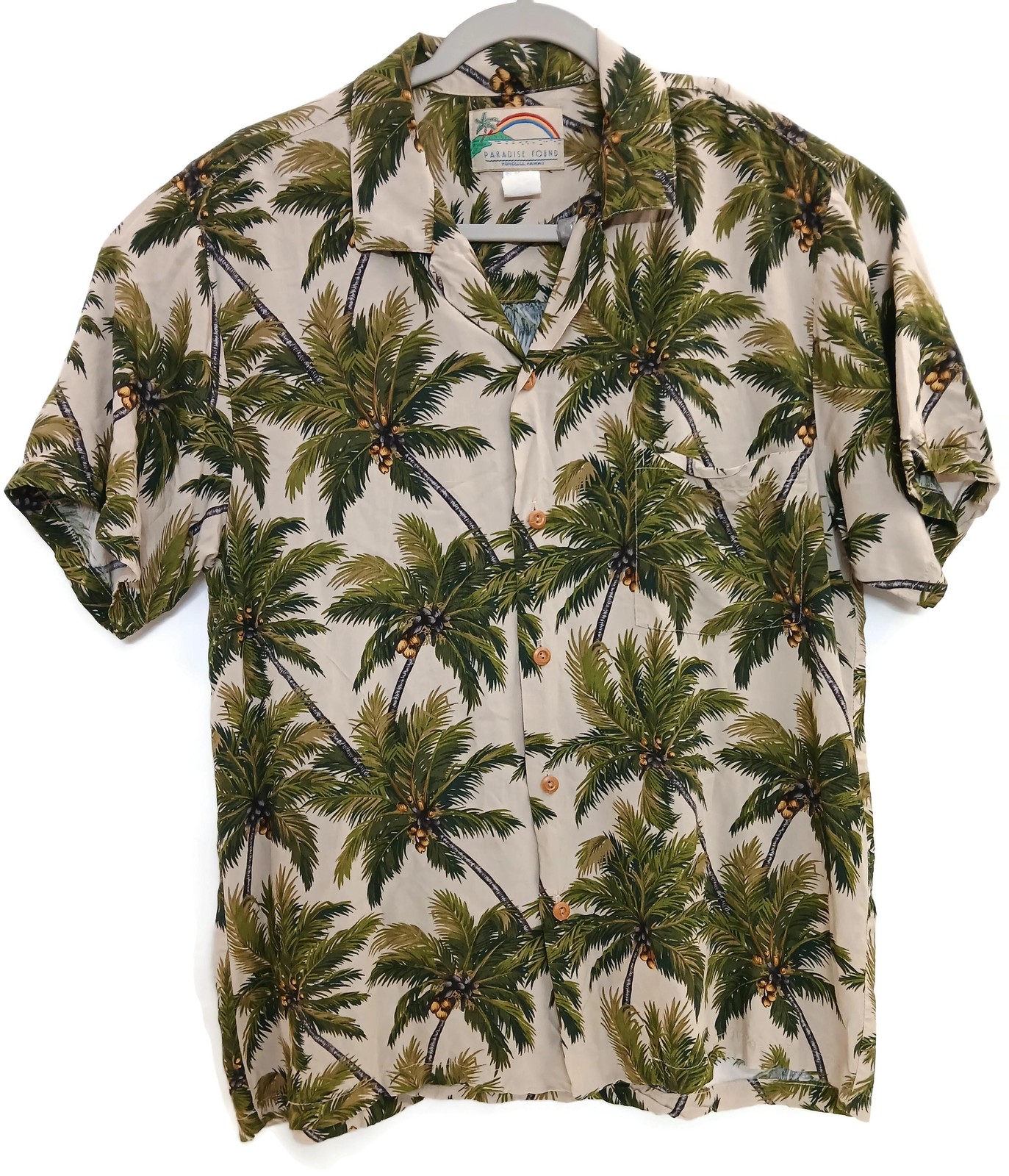 Paradise Found Shirt Mens Large Green Palm Tree Hawaiian Aloha Made USA Rayon
